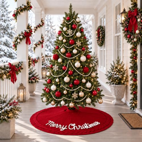 48 Inch Burgundy Knitted Christmas Tree Skirt - Holiday Decor, Gift Idea