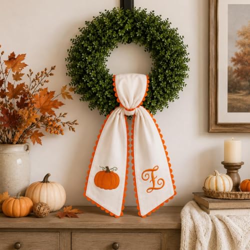 Halloween Pumpkin Wreath Sash with Embroidered Pumpkin and Orange Scalloped Trim - Fall Front Door Decor (C)