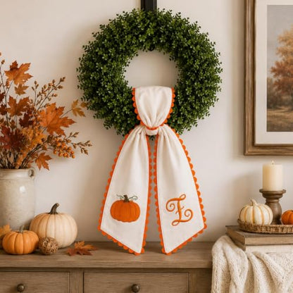 Halloween Pumpkin Wreath Sash with Embroidered Pumpkin and Orange Scalloped Trim - Fall Front Door Decor (C)