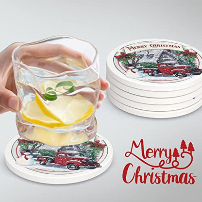 Ceramic Christmas Absorbent Coasters Set of 6 with Car Design and Cork Bottom