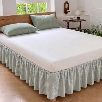 Tranqun Stripe Ruffled Bed Skirt Queen Size 16 Inch Drop Light Green