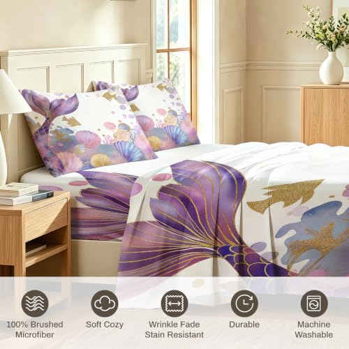 White Gold Mermaid Queen Bedding Set - 4 Piece Underwater Girl Sheet Set