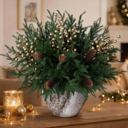Fake Xmas Norfolk Pine Stems with Pinecones & Gold Berries - 12PCS