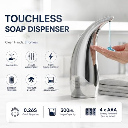 Automatic Liquid Soap Dispenser Touchless 4-Level 10oz - Silver, Battery Operated