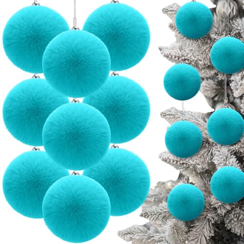 Turquoise Christmas Furry Ball Ornaments Set of 15 - 3.5 Inch Tree Decor