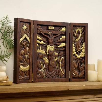 Gold 8-Inch Wooden Jesus Triptych Box Nativity Crucifixion Ascension Home Decor