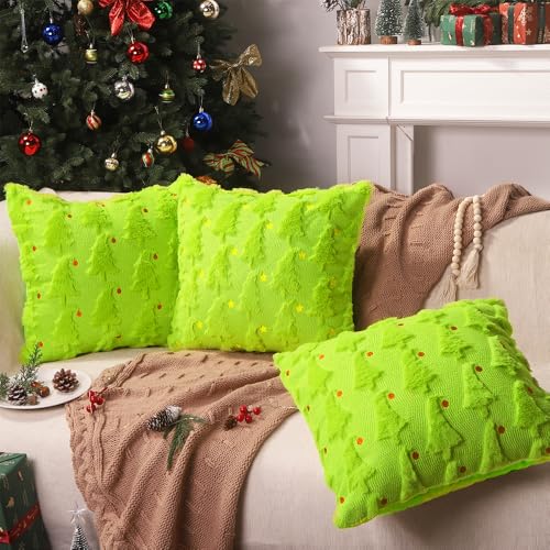 Green Christmas Pillow Covers Set of 2 - 18x18 Faux Fur Decor with Red Ball Embroidery - Variation Green2