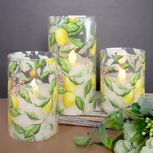 Lemon Glass Flameless Candles with Remote & Timer - Lemon Tree Variation - Battery Operated LED Flicker Pillar Candles for Home Decor, Kitchen, Holiday