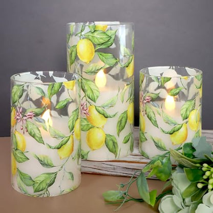 Lemon Glass Flameless Candles with Remote & Timer - Lemon Tree Variation - Battery Operated LED Flicker Pillar Candles for Home Decor, Kitchen, Holiday