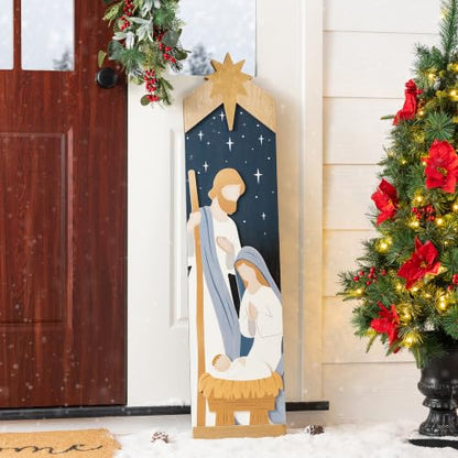 Double-Sided Nativity Porch Sign - 42" Leaning Wood Decor with JOY to the World