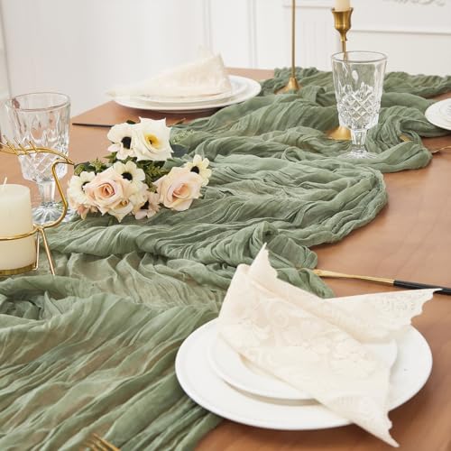 Sage Green Cheesecloth Table Runner 120 Inch 2 Pack Boho Rustic Wedding Decor