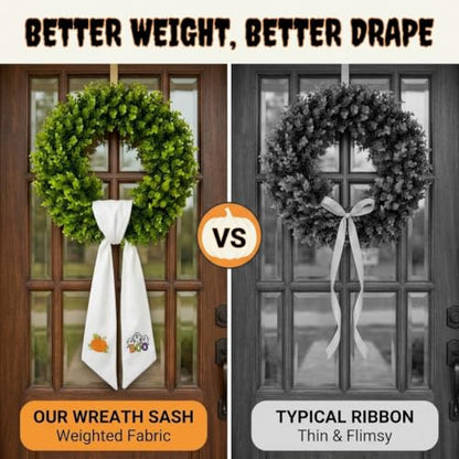Fall Halloween Wreath Sash with Embroidered Ghost and Pumpkin - 59 Inch Seasonal Decor