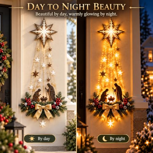 Lighted Nativity Wall Decor - Bethlehem Star of Faith with Manger Scene, 1 Piece - Glowing Christmas Religious Ornament