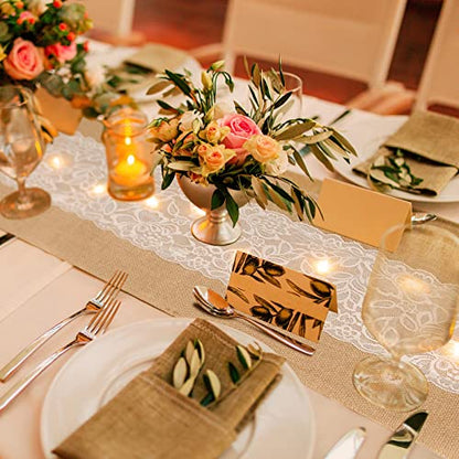 Burlap Table Runners with Lights - 12 x 108 Inches, Floral Lace, 12 Pcs - Flower Variation