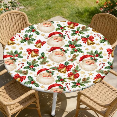 Santa Bells Round Fitted Christmas Tablecloth 65 Inch Waterproof Elastic Edge