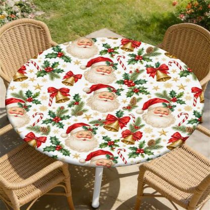 Santa Bells Round Fitted Christmas Tablecloth 65 Inch Waterproof Elastic Edge