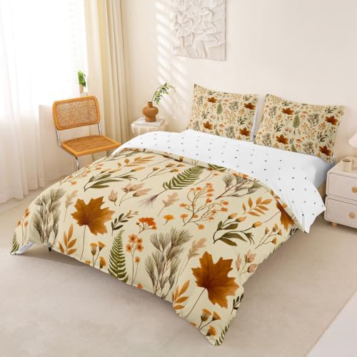Manfei Fall Maple Leaf Kids Duvet Cover Set Queen Size Vintage Beige with Pillowcases