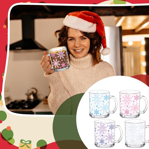 Christmas Snowflake Glass Coffee Mug Set - 12 oz Holiday Drinkware