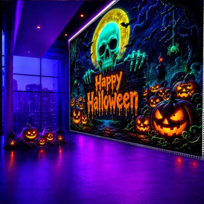 UV Reactive Halloween Tapestry Wall Hanging with Skull Pumpkin Design - Large 78x59 Inches