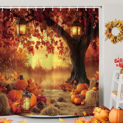 Fall Pumpkins and Maple Leaf Shower Curtain - Autumn Farmhouse Bathroom Decor, 72x72 Inch Waterproof Polyester with 12 Hooks
