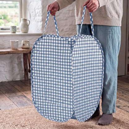 Dusty Blue Gingham Collapsible Laundry Basket Pop Up Hamper 14.57 Inch