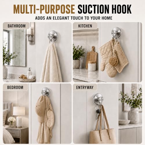 Suction Cup Shower Hooks - Silver 2 Pack No Drill Bathroom Towel & Robe Hangers