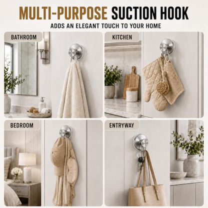 Suction Cup Shower Hooks - Silver 2 Pack No Drill Bathroom Towel & Robe Hangers