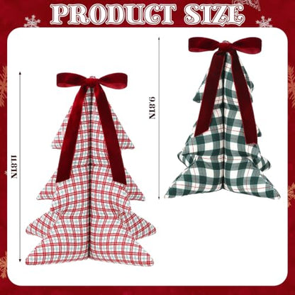 Pinkunn 2-Piece Christmas Tree Pillow Set with Velvet Bow - Red & Green Plaid