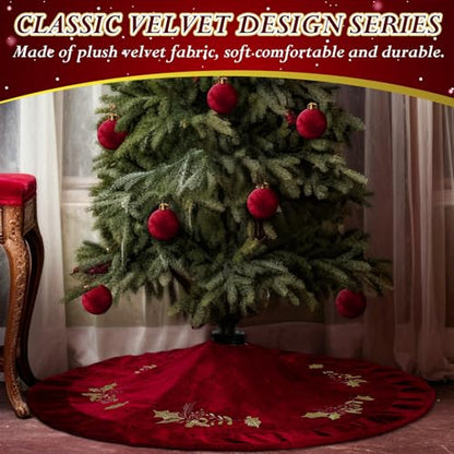 Christmas Tree Skirt Red 48 Inch Velvet with Gold Holly Embroidery - Variation of THIS listing