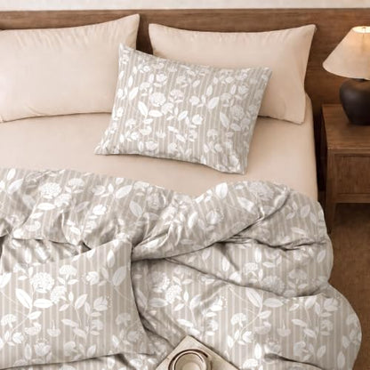 Queen Size Floral Comforter Set 3 Pieces Cotton Bedding - Beige Leaf Stripe