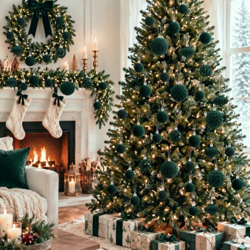 Velvet Christmas Ornaments Set 46 pcs Forest Green Shatterproof Holiday Decor - Variation of THIS listing