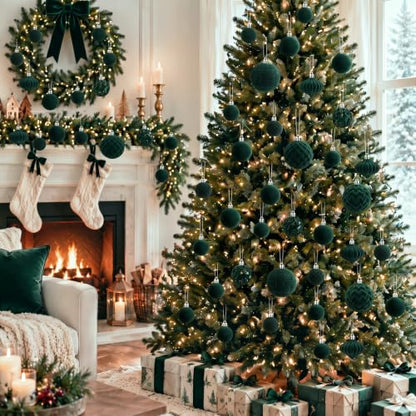 Velvet Christmas Ornaments Set 46 pcs Forest Green Shatterproof Holiday Decor - Variation of THIS listing