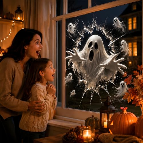 Halloween Window Decorations Cracked Glass Decals with Skull - Spooky 3D Illusion, Removable for Haunted House & Storefronts