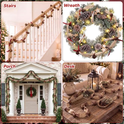 36 ft Rustic Christmas Bell Garland with Burlap & Metal Sleigh Bells - Farmhouse Decor