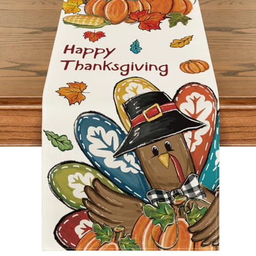 Thanksgiving Table Runner with Pumpkins and Turkey Harvest Fall Decor 13x60 Inch