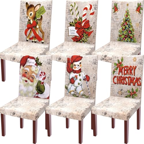 Wood Merry Christmas Chair Covers Set of 6 - Holiday Santa Snowman Elk