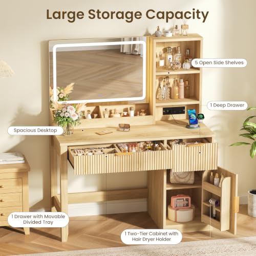 Fluted Vanity Desk with Mirror, LED Lights & Charging Station - Natural (Variation: Natural)