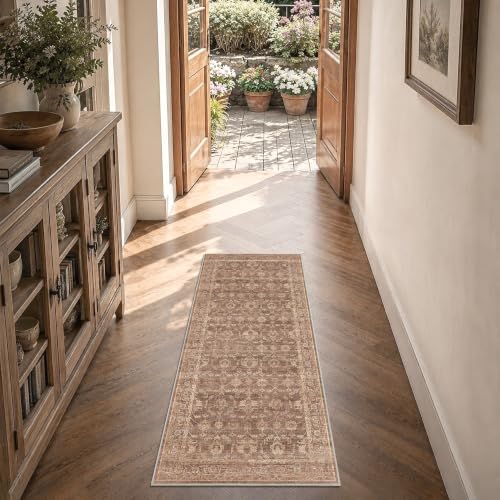 Muted Terracotta 2x5 Non-Slip Boho Rug Runner - Vintage Floral Design