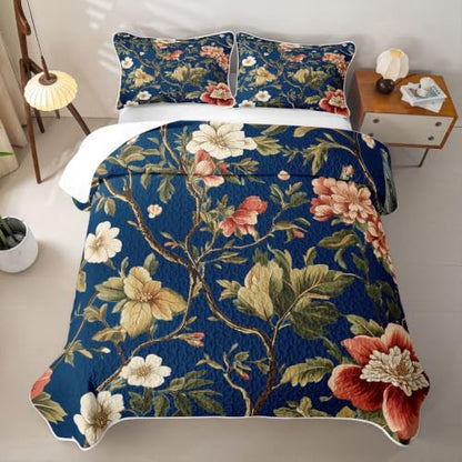 Full Size Bedspread Set - Brown Green Rustic Floral Quilt with Pillow Shams - 3 Pieces