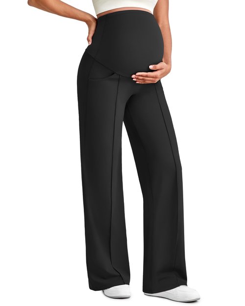 G4Free Maternity Dress Pants Work Pregnancy Outfits Front Pleats Yoga Pants Over The Belly Sweatpants Wide Leg Pants Loungewear (Black,M,Regular)