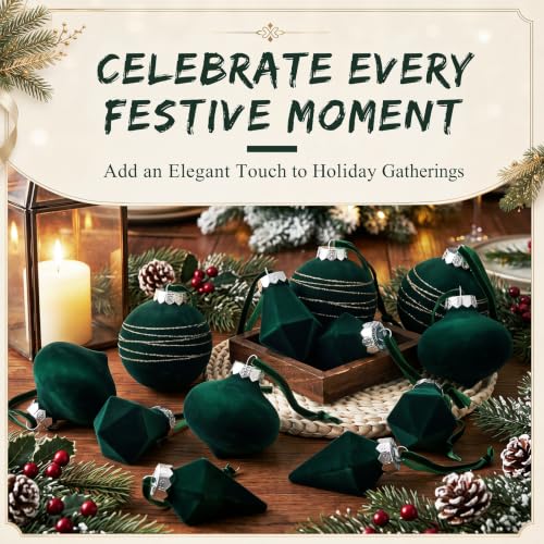 12 Pcs Velvet Christmas Ornaments Balls Flocked Holiday Decorations - Green