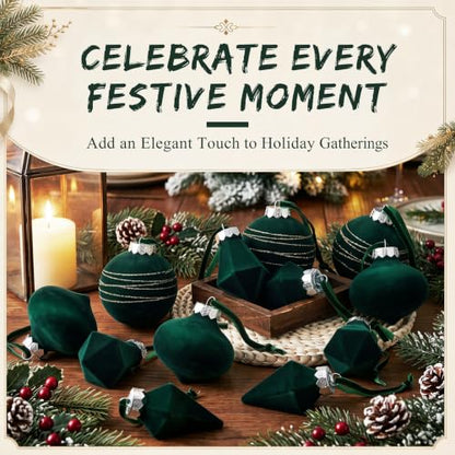 12 Pcs Velvet Christmas Ornaments Balls Flocked Holiday Decorations - Green