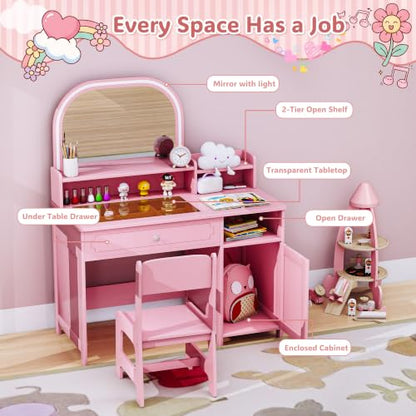 Kids Vanity Set Pink with Mirror Lights and Storage - Toddler Girl Dress Up Desk - All Pink