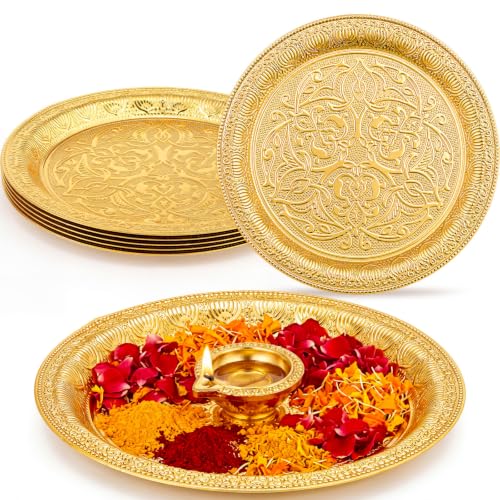 6 Pcs Gold Finish Indian Pooja Thali Tray Set for Religious & Festive Gift Giving