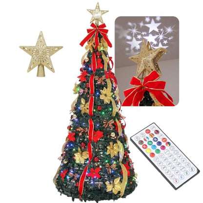 6FT Pre-Lit Pop-Up Christmas Tree with Projection Star Topper & LED Lights