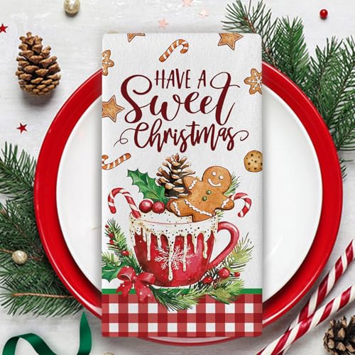 Have A Sweet Christmas Gingerbread Man Kitchen Dish Towels Set of 2 - Farmhouse Holiday Decor