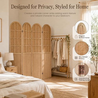 4 Panel Room Divider Privacy Screen - Bamboo Wood Light Brown (Variation: Lightbrown)