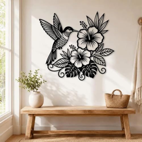 Black Metal Hummingbird Hibiscus Flower Wall Art - Tropical Garden Decor