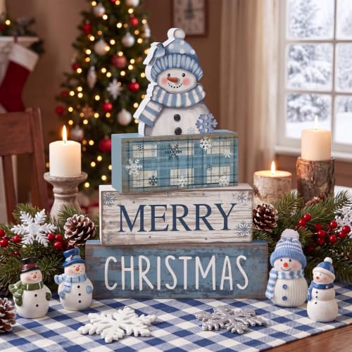 Christmas Snowman Wooden Sign & Book Decor Set - Blue Snowman Variation