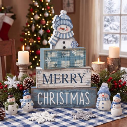 Christmas Snowman Wooden Sign & Book Decor Set - Blue Snowman Variation